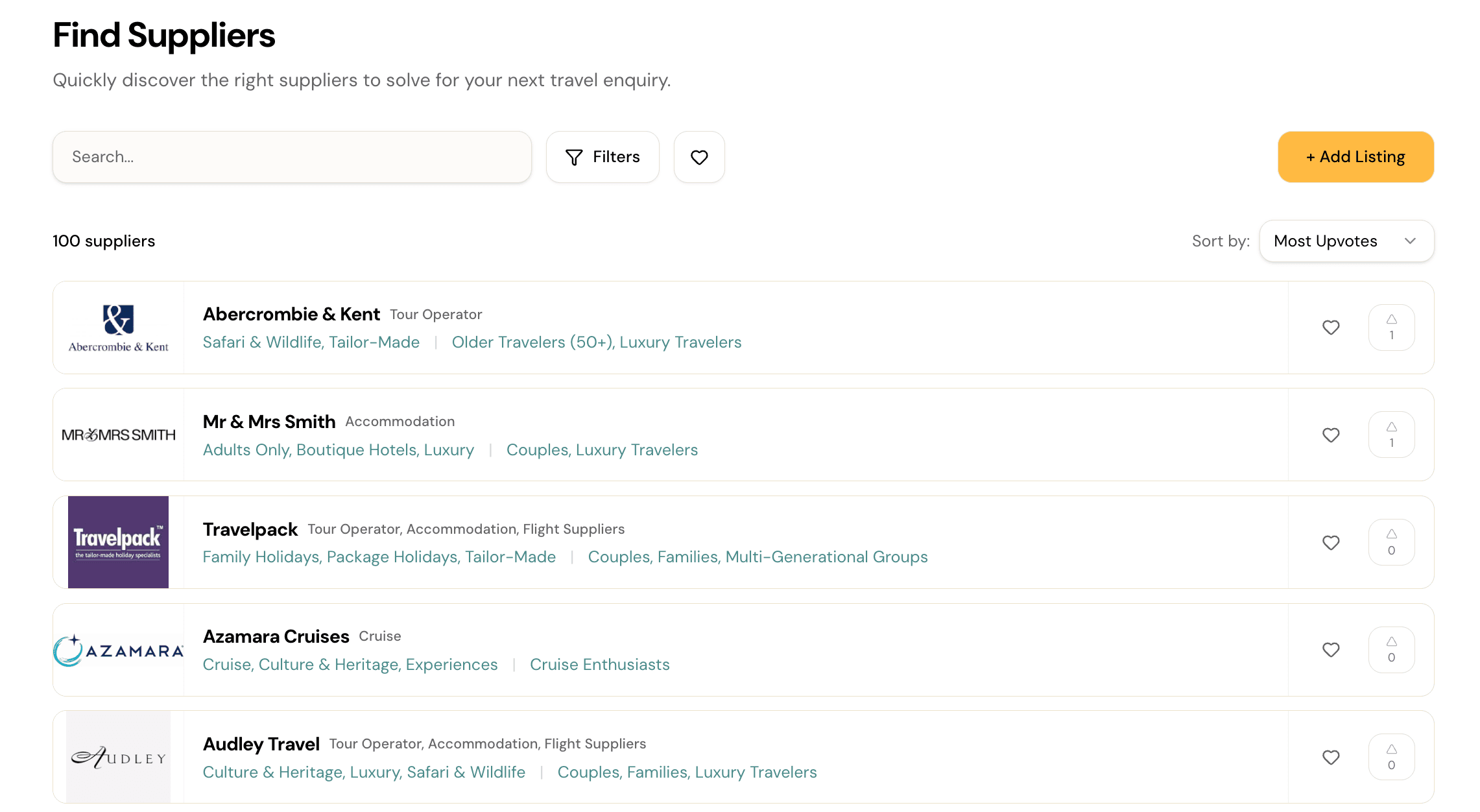 FactorThirty Suppliers screen